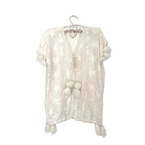 made with love big pom poms Cream Star Patterned Kimono top tunic
